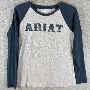 Ariat Real Baseball Shirt Womens Medium Gray Blue Long Sleeve Graphic